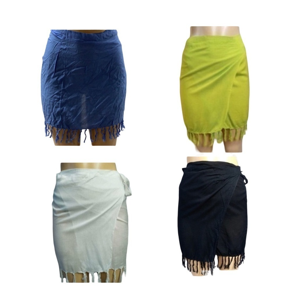 Zuliana Size Small Set of Four Fringe Sarongs in Blue, Green, White, and Black